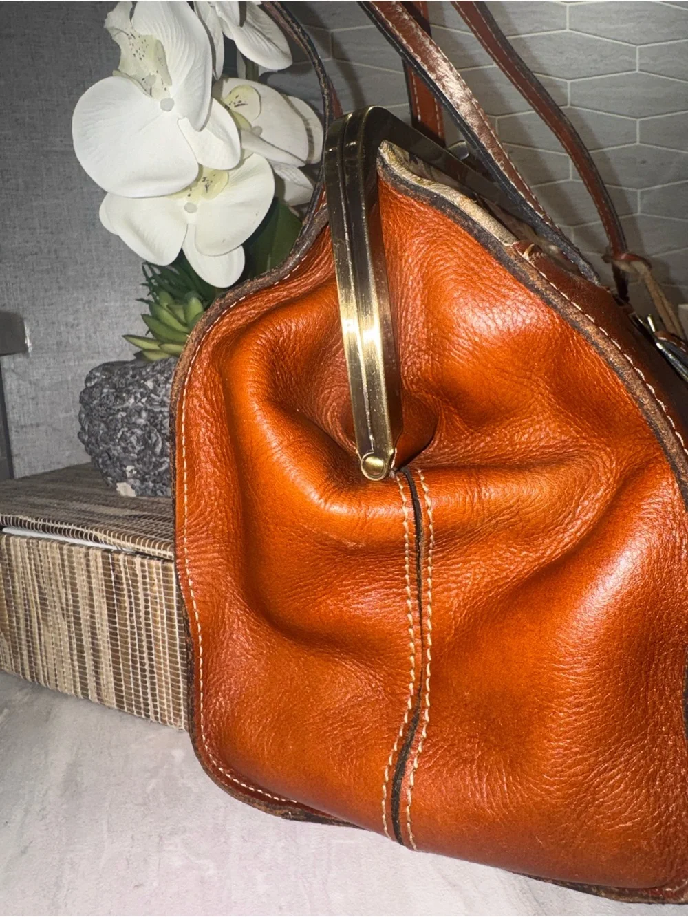 Patricia Nash RARE Cognac Leather Shoulder Bag Floral Accent Metal Clasp Closure